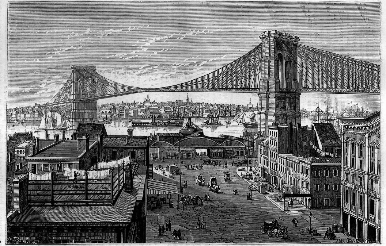 Brooklynin silta. Alkaa vuonna 1869, rakenteilla kaiverrushetkellä, se valmistuu vuonna 1883. New York (New York), Yhdysvallat (Yhdysvallat). Kaiverrus "" La Nature: revue des sciences et de leurs applications aux arts et a l