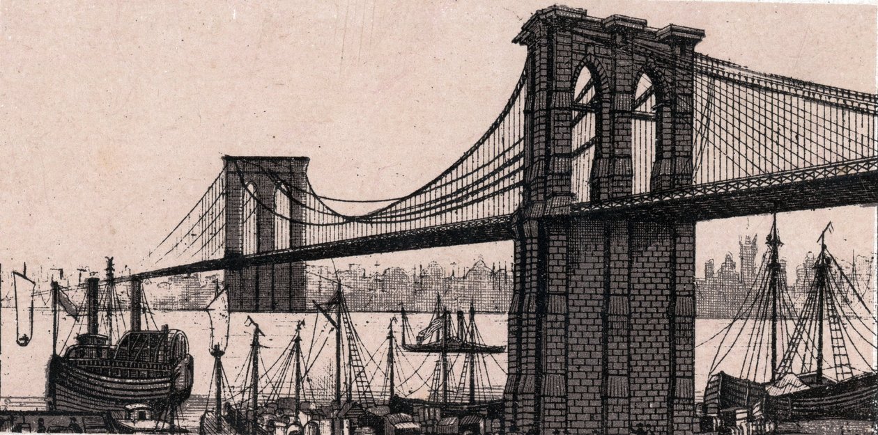 Brooklyn Bridge New Yorkissa, USA:ssa "The World Illustrates 168 Views" Päiväämätön (1800-luvun loppu) tekijältä Unknown artist