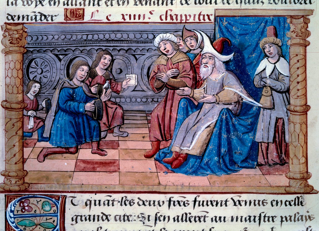 Veljekset Nicolo ja Matteo Polo, nuoren Marco Polon (1254-1324) isä ja setä, otettiin vastaan suuren Qubilain (Kubilai Khan, Mongolian Yuan-dynastian ensimmäinen keisari (1215-1294), Mongolian keisari vuonna 1271) hovissa. Miniatyyri otettu kohteesta " tekijältä Unknown artist