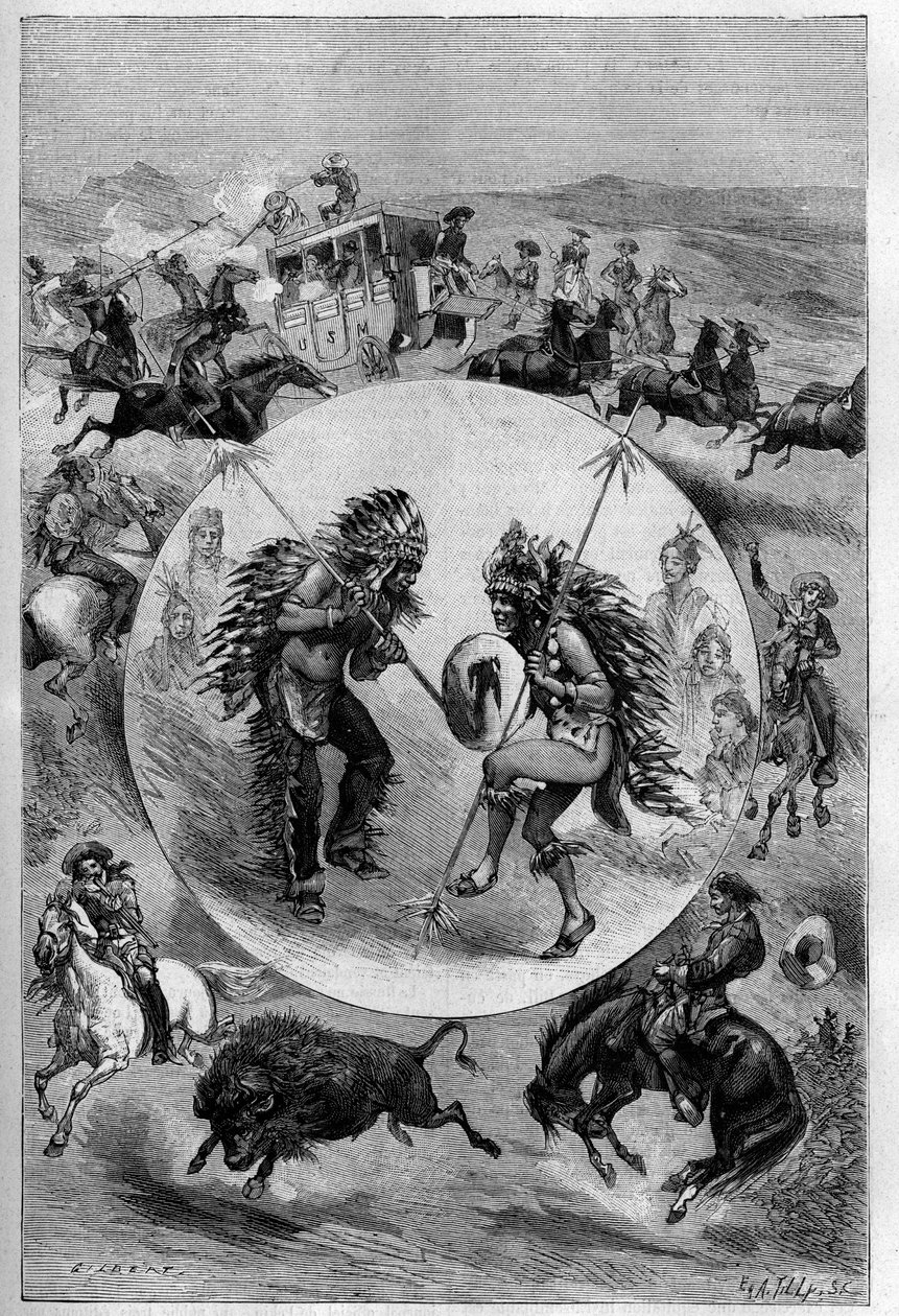 Buffalo Billin show Pariisissa: William Frederic Codyn (1846-1917) Buffalo Bill -ryhmän esittämät harjoitukset (uhkeuden hyökkäys, sioux-tanssi, puhvelin metsästys). Kaiverrus "" La Nature -kirjaan. Revue des sciences et de ses applications aux arts et a l tekijältä Unknown artist