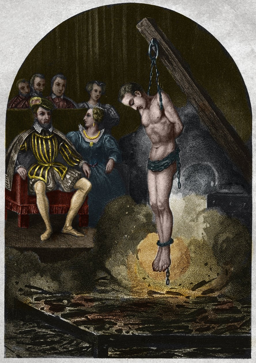 Polttokammio (tuomioistuin) Kuningas Henrik II:n (1519-1559) johdolla Katariina de Mediciksen (Caterina de Medici) läsnä ollessa. Kaiverrus vuodelta 1842 Maurice Lachatren teokseen "Histoire des Popes". Yksityinen kokoelma. tekijältä Unknown artist