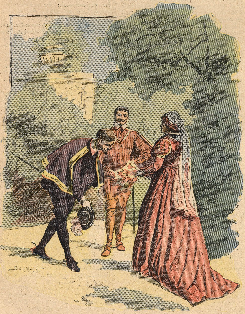 Bussy tervehtii Jeannea Pyhän Luken seurassa puistossa. Kuvitus Alexandre Dumasin romaanista "La Dame de Monsoreau" julkaisussa "Journal des novels populaires illustrées" tekijältä Unknown artist