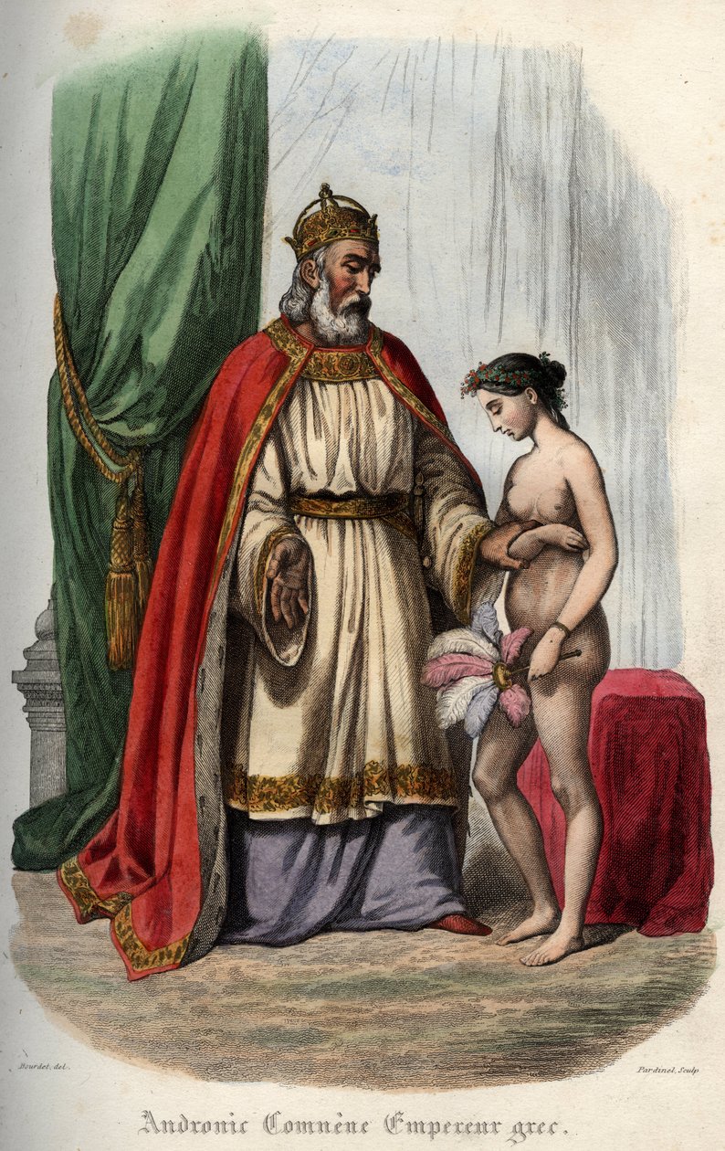 Bysantin keisari Andronikos I Komnenos (tai Andronicus I Comnenus (n. 1118-1185) (Andronic I Comnene) ja hänen vaimonsa Agnes of France (1171-1240), joka on pakotettu esiintymään alasti orgioissaan. Kaiverrus vuodelta 1842 teoksessa "Histoiredes" paavit" k tekijältä Unknown artist