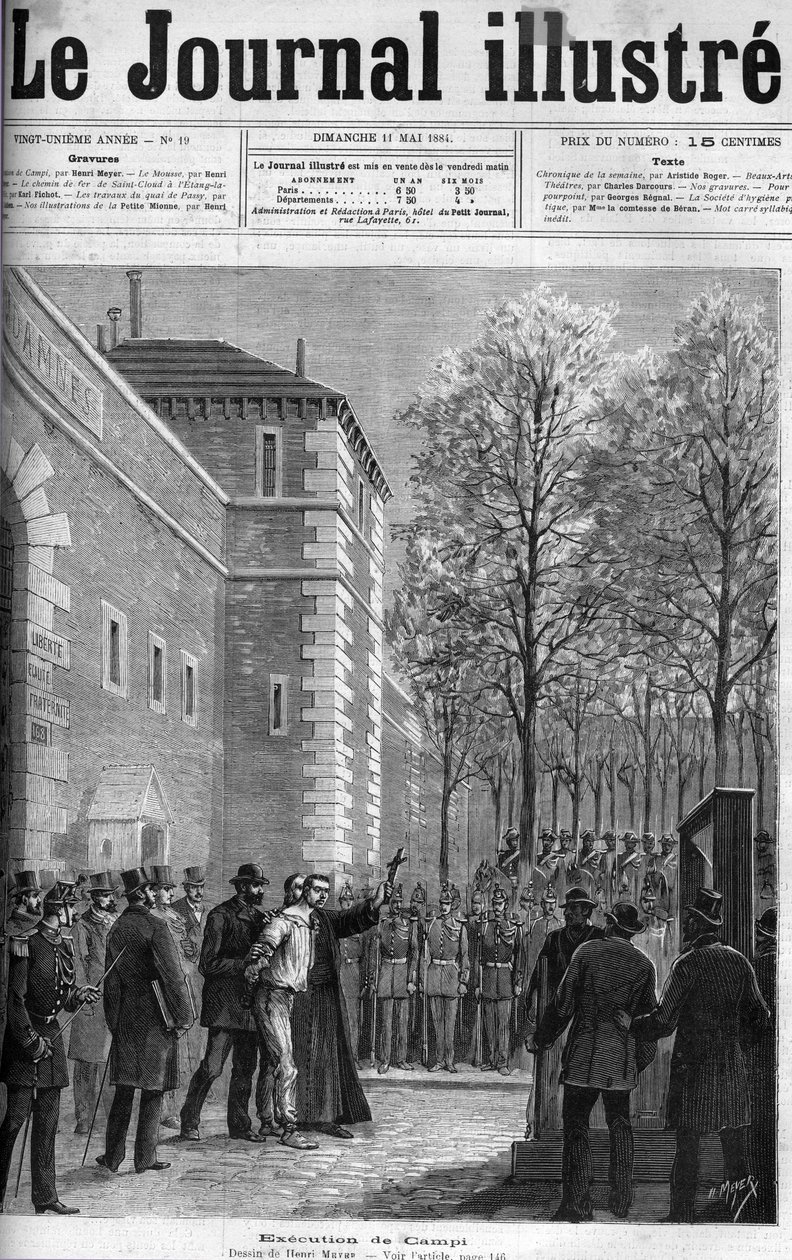CAMPI, RUE DU REGARDIN SURHA - "" Salamurhaajan Michel Campin teloitus Place de la Roquettessa, 30. huhtikuuta 1884 - GUILLOTINE - kaiverrus "" Le journal illustrious"" vuodelta 1884 tekijältä Unknown artist