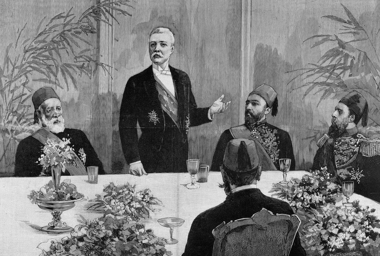 Kairo: Stanley (Sir Henry Morton) (1841 - 1904) pitää puheen juhlissaan. Kaiverrus 1800-luvulta. tekijältä Unknown artist