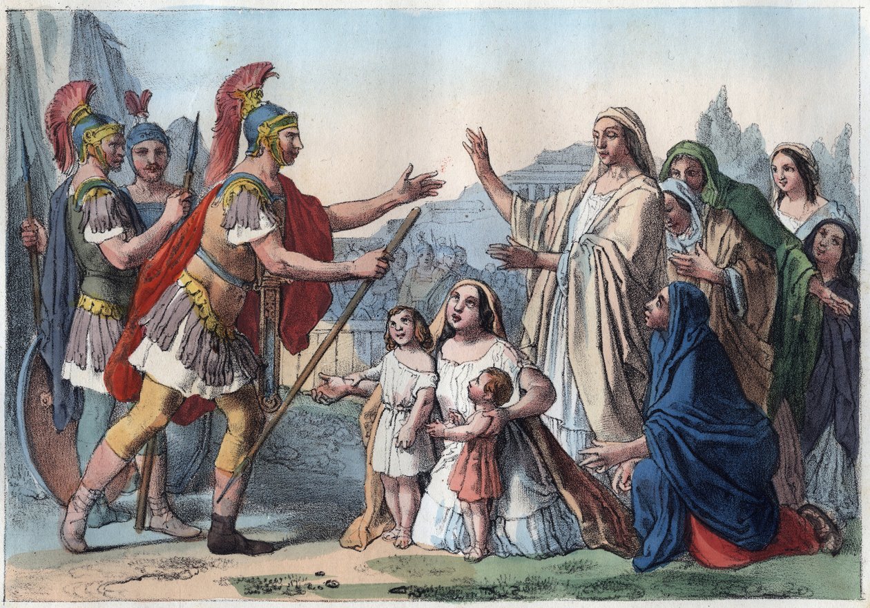 Caius Marcius Coriolanus (Coriolan) ja hänen äitinsä (488 eKr.) - Coriolan piiritti Rooman kansan tuella - hänen äitinsä Veturia ja hänen vaimonsa Volumnia suostuttelevat hänet jäämään eläkkeelle - Volumnia ja Verturia ennen Coriolania (Gaius Marcius Corio tekijältä Unknown artist