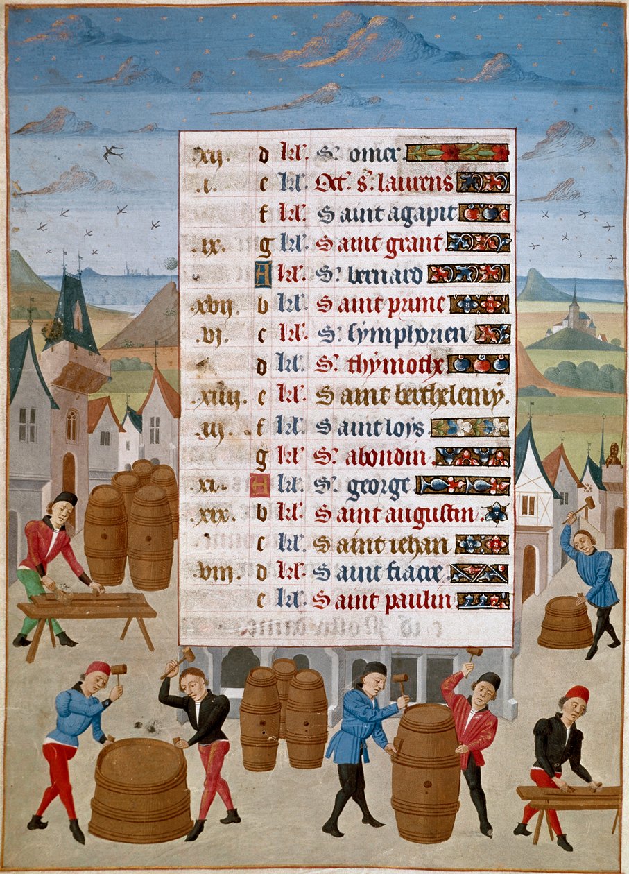 Kalenteri: Elokuu - Viinitynnyrien valmistus - Mestari Jean de Rolinin pienoismalli (1400-luku) teoksesta "Savoian Adelaiden, Burgundin herttuatar" 1460-1465 Chantilly, Musee Conde tekijältä Unknown artist