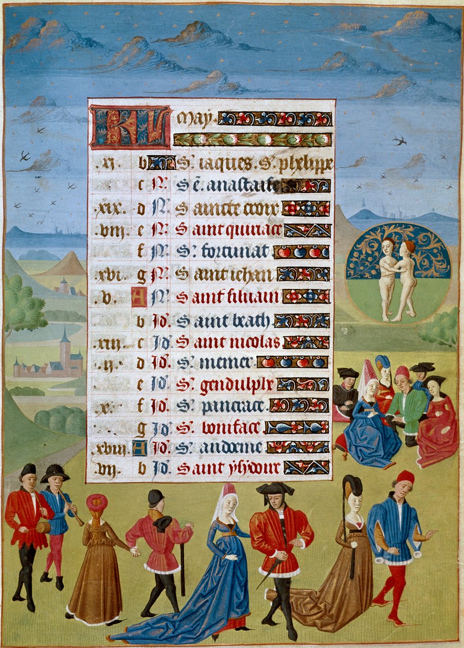 Kalenteri: toukokuu, tansseja ja leikkejä - Jean Rolinin mestarin miniatyyri käsikirjoituksesta "Savoyn Adelaiden, Burgundin herttuataren tunnit" 1460-1465 Chantilly, Musee Conde tekijältä Unknown artist