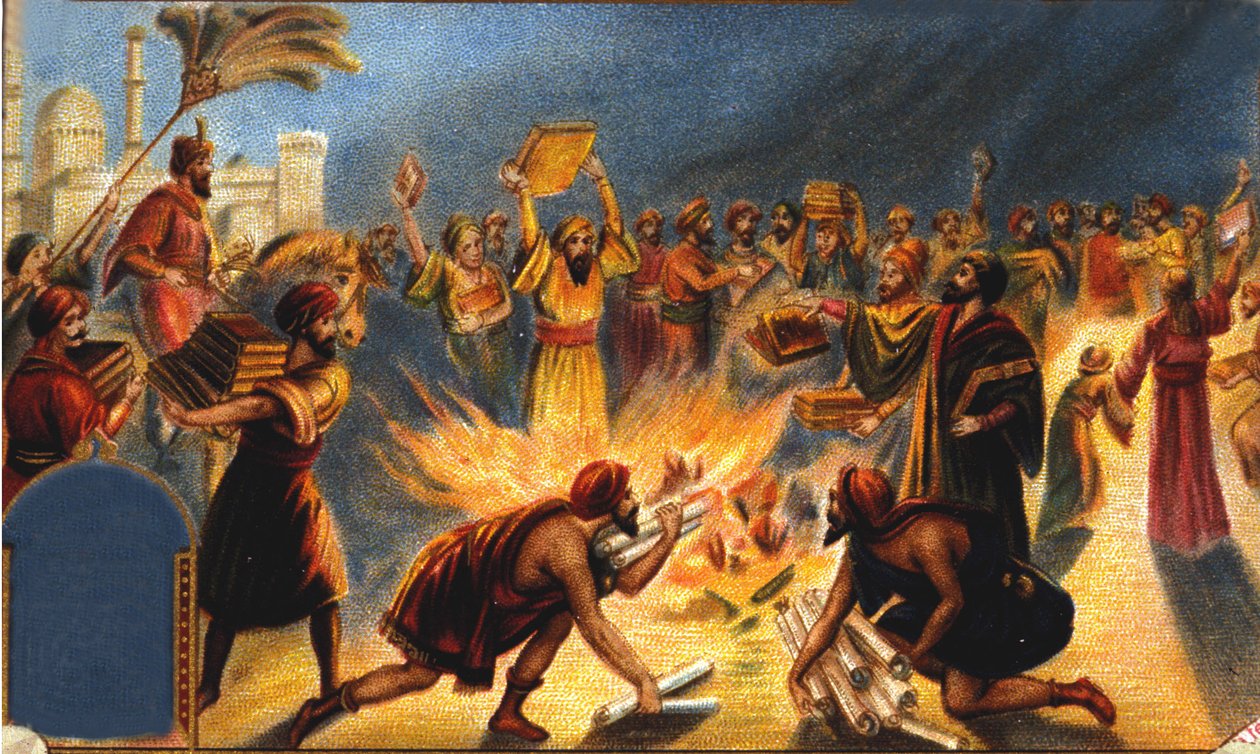 Kalifi Omar I polttaa Aleksandrian kirjaston - Liébig-mainosvinjetti. kromolitografia 1800-luvulta. tekijältä Unknown artist