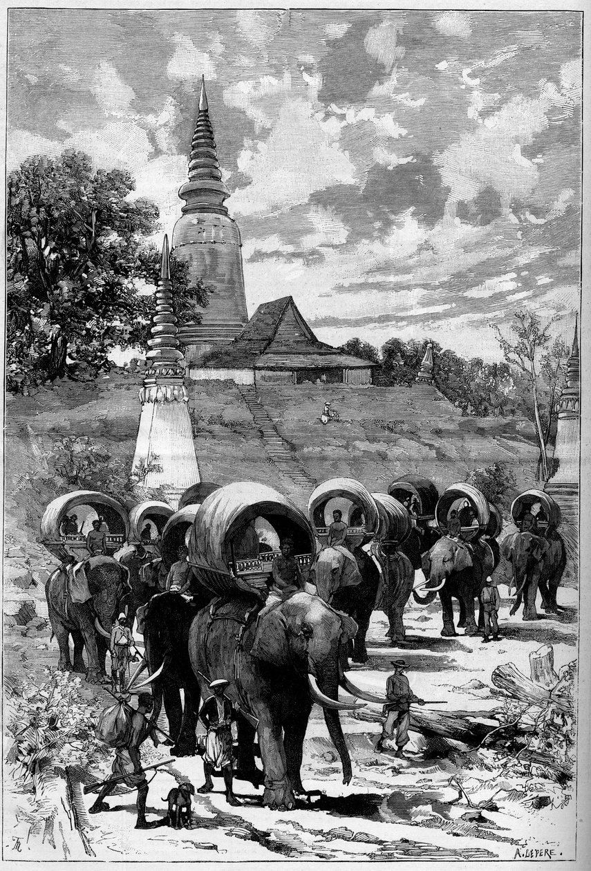 Kambodža: Ranskan protektoraatin metsästyskaravaani Lady Penh -vuoren edessä (Phnom Penh, Phnom Penh) "" The Illustrious World" -julkaisussa n1312, 20. toukokuuta tekijältä Unknown artist
