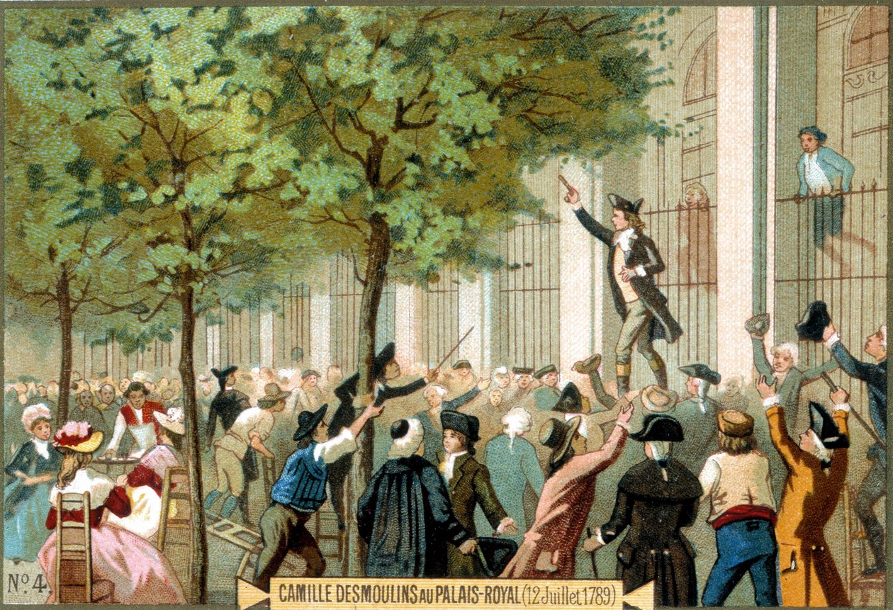 Camille Desmoulins Palais Royalissa (12.7.1789). Kromolitografia 1800-luku. - Ranskan vallankumous/Camille Desmoulins vaatii myrskyn Bastillelle, Pariisiin tekijältä Unknown artist