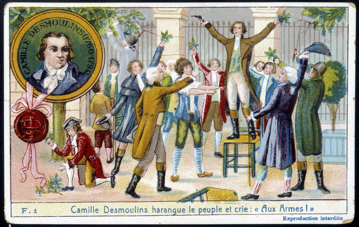 Camille Desmoulins kiusasi ihmisiä ja huusi "" Aseiden kanssa! "" - kromo., 1800-luvun loppu tekijältä Unknown artist