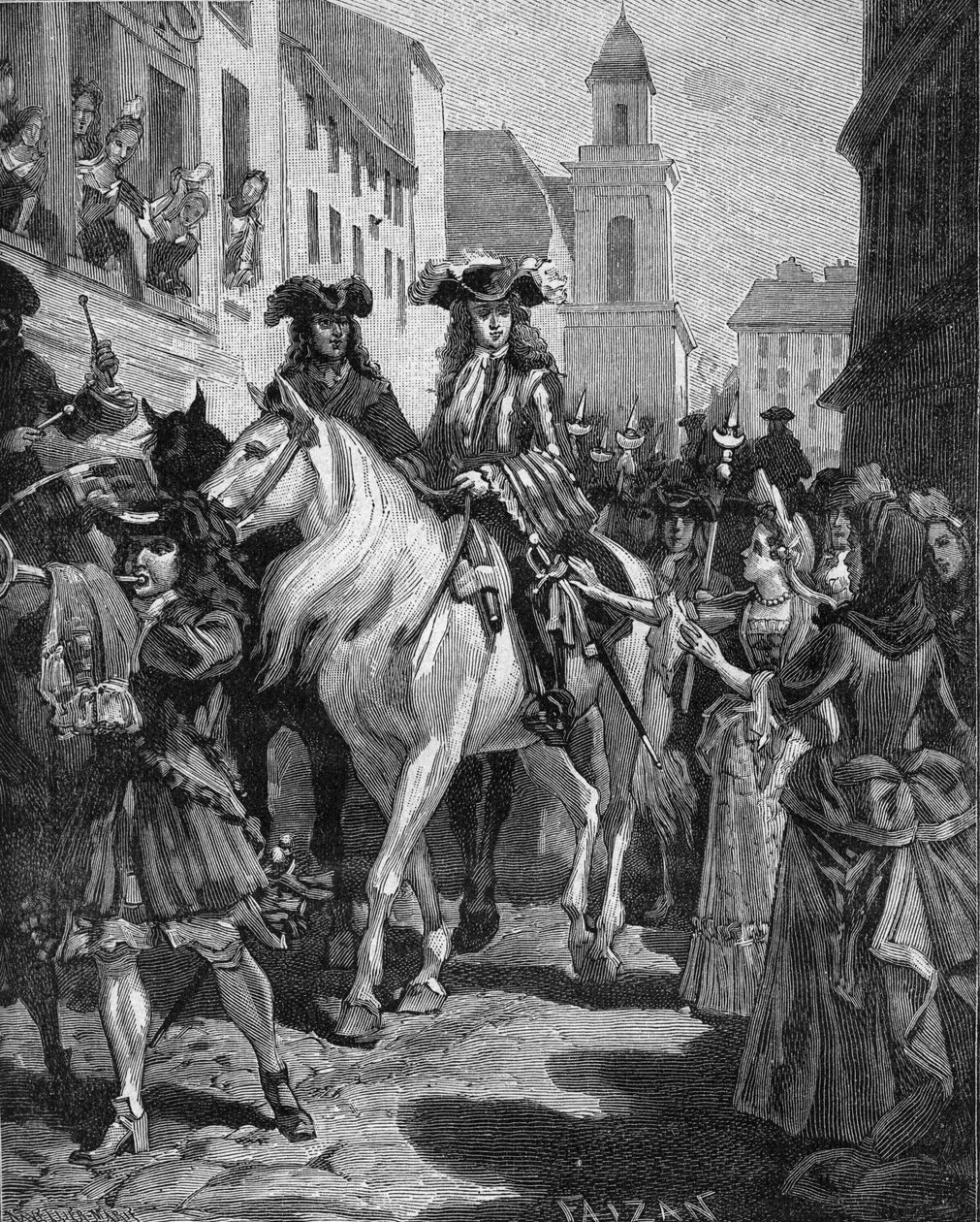 Camisard War (1702-1704): Katolinen, joka yrittää koskettaa Camisardien johtajaa Jean Cavalieria (1681-1740). Nimes, Gard (30). Kaiverrus 1800-luvulta. Jules Micheletin teoksessa "Histoire de France". tekijältä Unknown artist