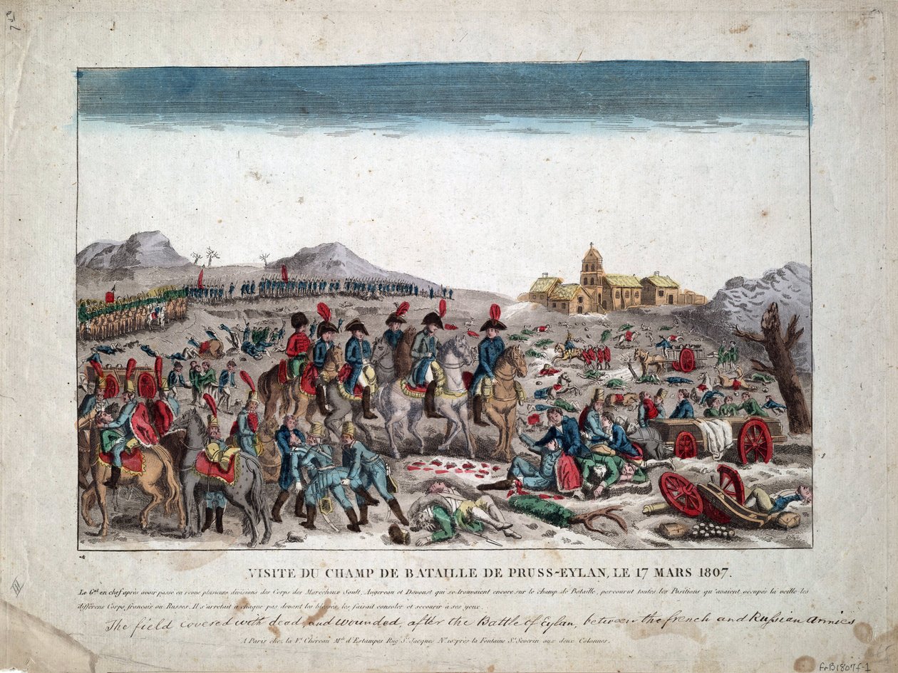 Preussin ja Puolan kampanja (1806-1807) ""Napoleon I Eylaun taistelukentällä 02.09.1807" - Eylaun taistelukentällä - Nimetön - 1807 - Etsaus, akvarelli - 33,4x44, 5 yksityiskokoelma tekijältä Unknown artist