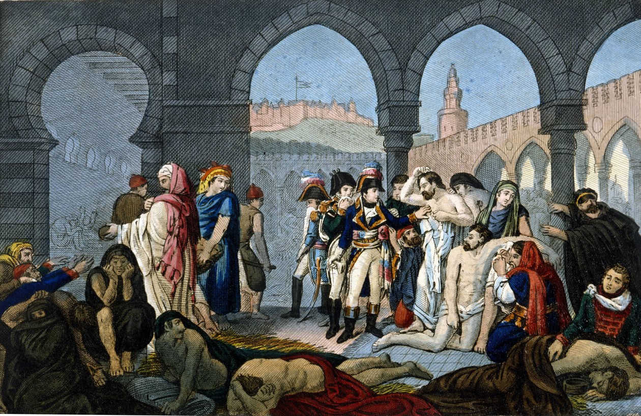 Egyptin kampanja (retkikunta) (1798-1801): Kenraali Bonaparte vierailee pestiferes-sairaalassa Jaffassa. Kaiverrus 1800-luvulta. tekijältä Unknown artist