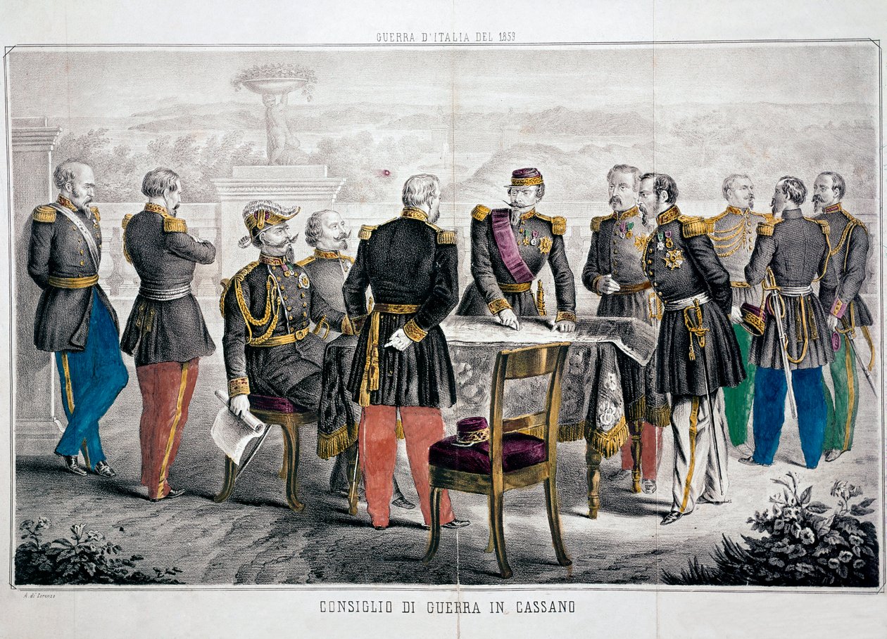 Italian kampanja 1859: Cassanon sotaneuvosto, jossa tapaavat Vittorio Emanuele II (Victor-Emmanuel tai Victor Emmanuel) ja keisari Napoleon III. Yksityinen kokoelma tekijältä Unknown artist