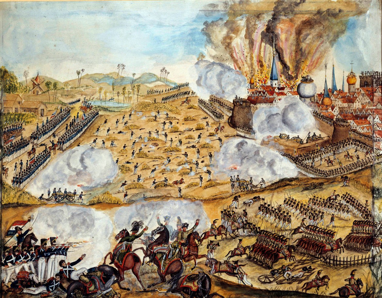 Venäjän kampanja: "" Näkymä Smolenskin taistelustani, yö 17.08.1812"" Akvarelli 1800-luvun Pariisista, Armee-museo tekijältä Unknown artist