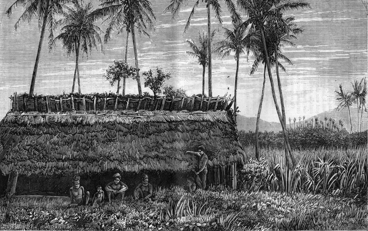 Canaques of New Caledonia (New Caledonia) laatikon tai kokoushuoneen edessä. Kaiverrus "" La Nature"" tekijältä Unknown artist