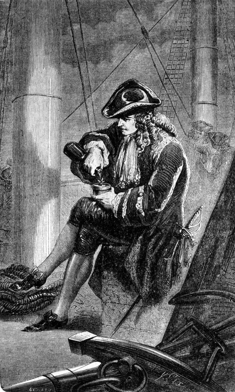 Kapteeni Gabriel de Clieu (Declieux, Desclieux) (1687/1678 - n. 1774), jonka kuningas Ludvig XIV antoi vuonna 1725 toimeksiannon tuoda takaisin Martiniquelle kahvitehtaan (kahvinkeitin), jakaa hänen kanssaan vesiannoksensa pelastaakseen hänet kuivuus. Kaiv tekijältä Unknown artist