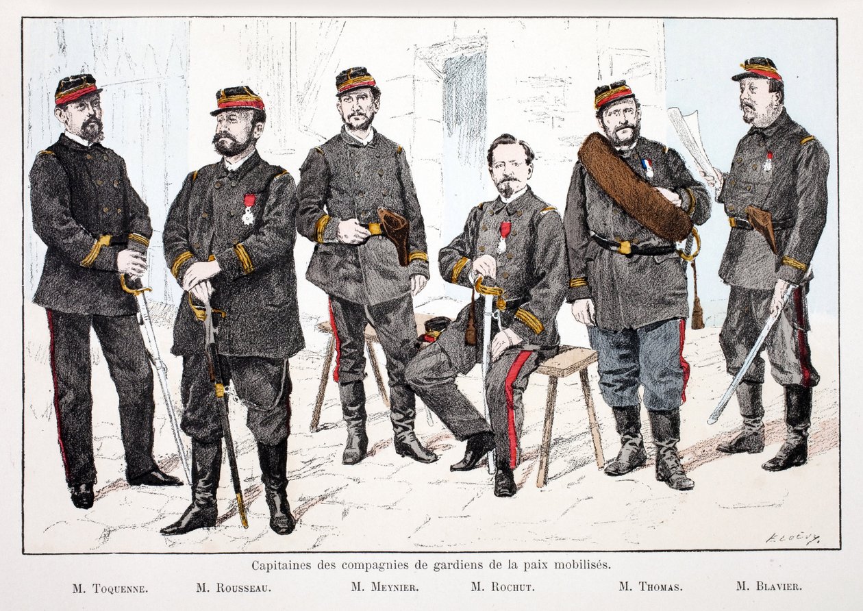 Mobilisoitujen rauhanturvakomppanioiden kapteenit vasemmalta oikealle: herra Toquenne, herra Rousseau, herra Mennier, herra Rochut, herra Thomas, herra Blavier. Etsaus väreillä, havainnollistamiseen "" History of the Corps of Peacekeepers""" -kirja, joka o tekijältä Unknown artist