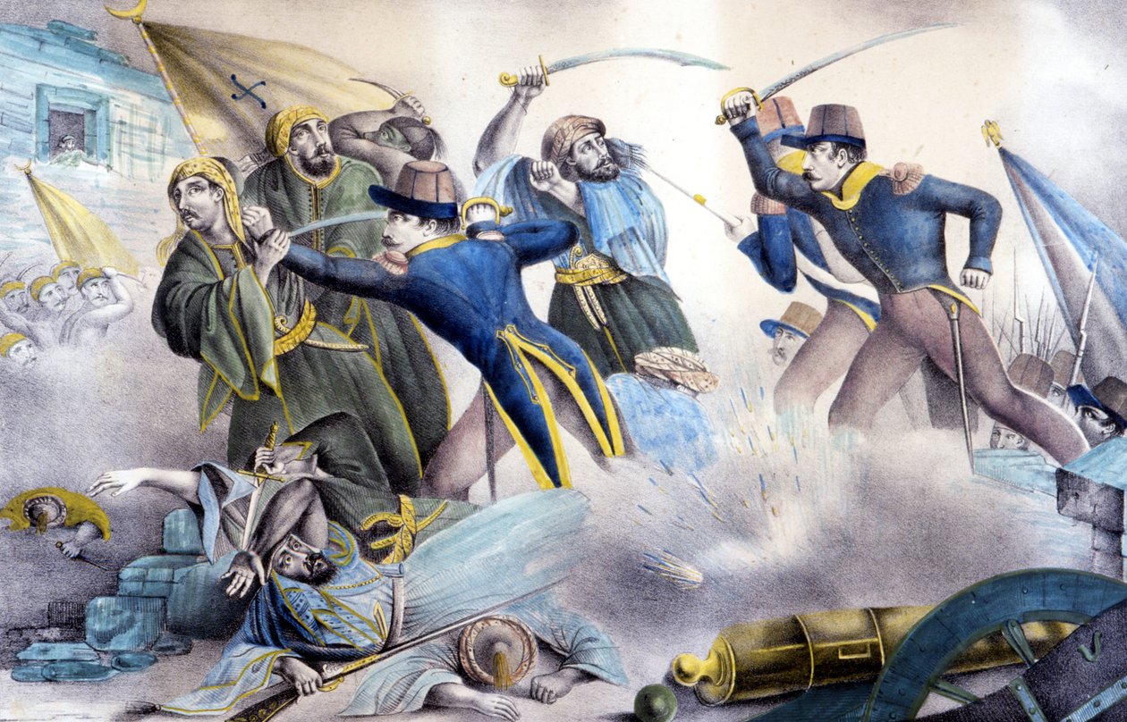 Marsalkka Valée vangitsi Constantinuksen Algeriassa vuonna 1837. Värillinen litografia 1800-luvulta. tekijältä Unknown artist