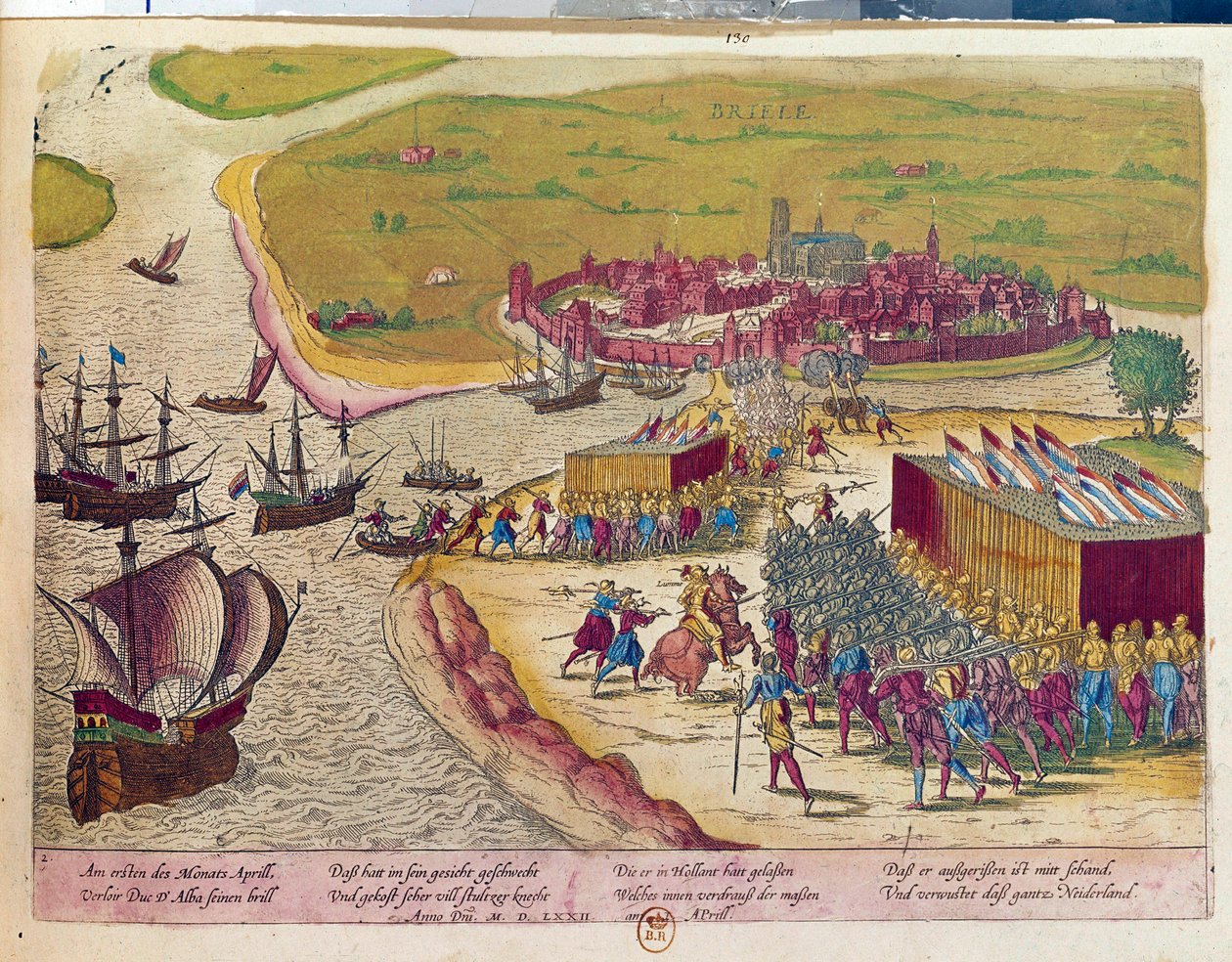 Briellen linnoituksen valtaus vuonna 1572 Hollande. Kaiverrus 1600-luvulta B.N. Pariisi tekijältä Unknown artist