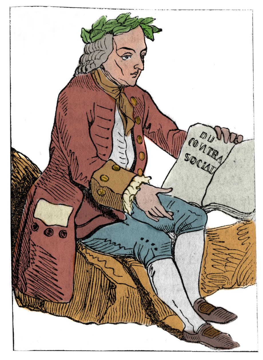 Ranskan tasavallan pelikortti (1793), joka julkaistiin kansalliskokouksessa 21.9.1792 kuningaskuntien kukistumisen jälkeen: filosofin luonne Jean-Jacques (Jean Jacques) Rousseaun piirteiden alla "" yhteiskuntasopimus" (1712-1778) tekijältä Unknown artist