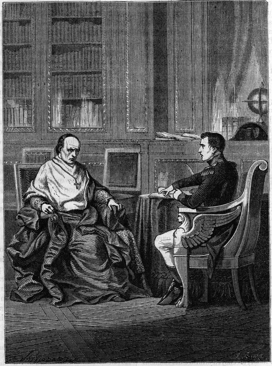Pius VII:n Pariisin legaatiksi nimeämä kardinaali Giambattista Caprara otti vastaan Malmaisonissa Napoleon Bonaparte vuonna 1801. tekijältä Unknown artist