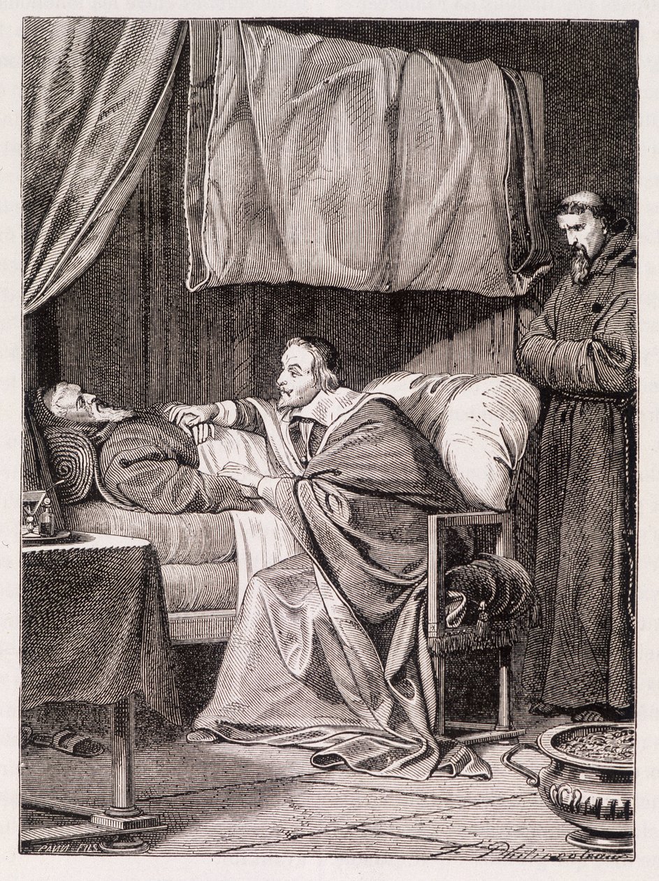 Kardinaali Richelieu isä Josephin kuolinvuoteella - kaiverrus tekijältä Unknown artist