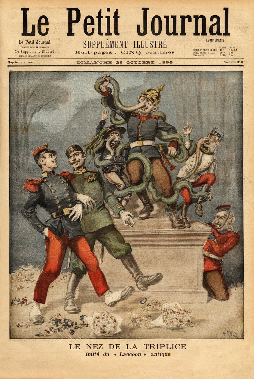 Karikatyyri allegoria kolmois- tai kolmoisliitosta Saksan, Itävalta-Unkarin ja Italian välillä katsomassa toisen eurooppalaisen liiton, Ranskan ja Venäjän ohittamista. Kaiverrus "" Le petit Journal" -lehdessä 25/10/1896. Selvan kokoelma. tekijältä Unknown artist