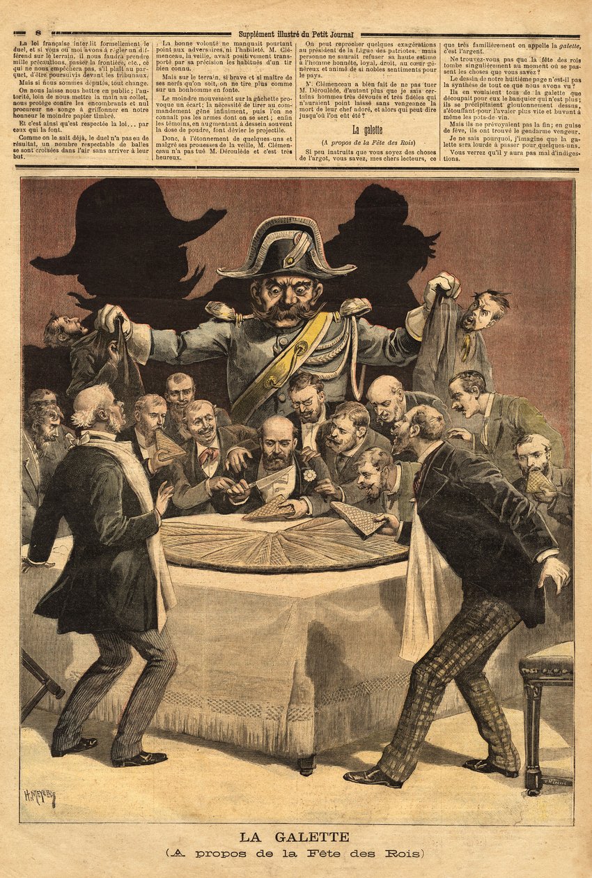Karikatyyrikuvitus "" la galette"" kuninkaiden juhlasta, jossa pankkiiri leikkaa kakun, kaikki ryntäsivät osuuteen ja löysivät kuumeen sijaan santarmin. Kaiverrus "" Le petit Journal" -lehdessä 7/01/1893. Selvan kokoelma. tekijältä Unknown artist