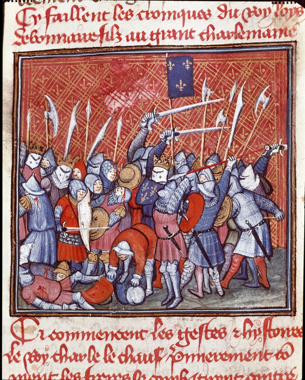 Karolingien dynastia: "" Karolingien kuningas Kaarle II sanoo kaljuksi (823-877) taistelun aikana""" Pienoiskuva "" Les grandes Chronicles de Francesta""" 1300-luvulla Chantilly, Musee Conde tekijältä Unknown artist