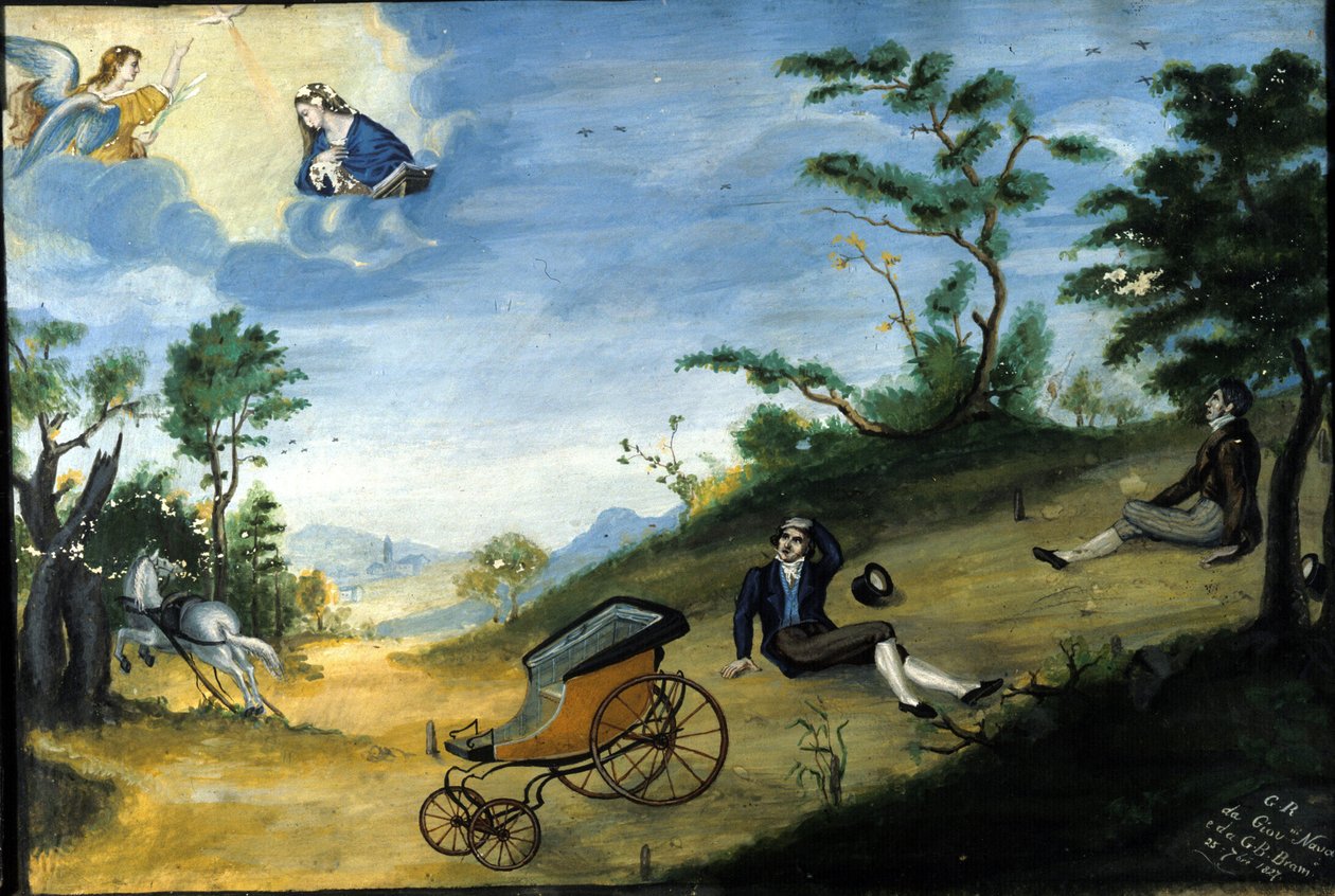 Kuljetusonnettomuus. Ex voto vuodelta 1827 Madonna delle Grazien pyhäköstä Monzassa. tekijältä Unknown artist