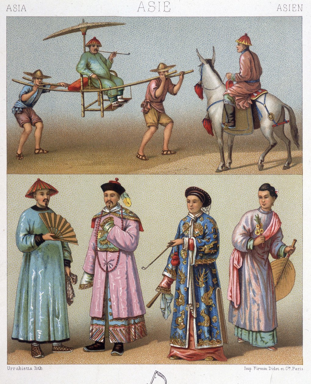 Kantotuolit, ratsastajat ja puvut Kiinassa - Racinetin teoksessa "Le costume historique" tekijältä Unknown artist