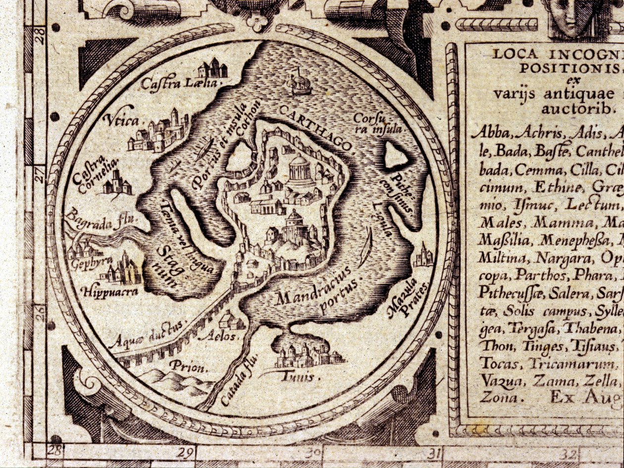 Karthago-näkymä Tunisinlahdelle 1600-luvun historiallisessa kartastossa. tekijältä Unknown artist