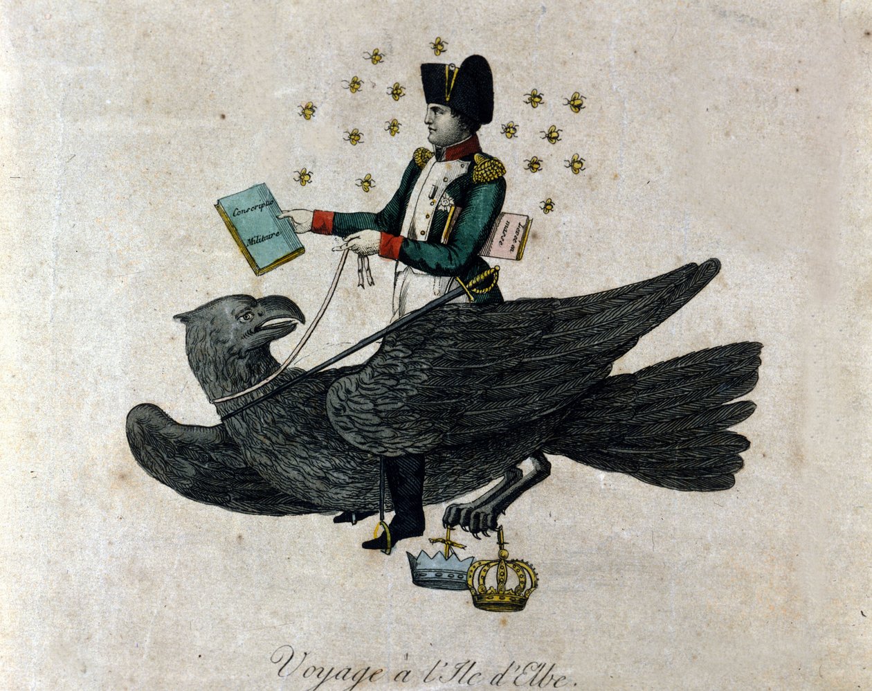 Sarjakuva Napoleonista hänen maanpaosta Elban saarella. Kotkan päällä oleva Napoleon pitää oikeassa kädessään kirjaa Military Conscription. Kauden kaiverrus. tekijältä Unknown artist