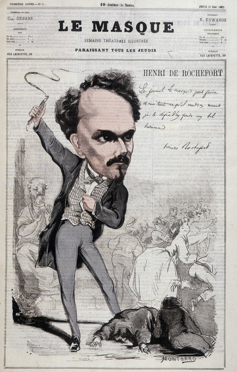 Sarjakuva Henri de Rochefortista (1831-1913), ranskalainen toimittaja ja poliitikko, joka osoitti tasavaltalaisia vihamielisiä kantoja. elokuvassa "Le Masque" vuodelta 1867 tekijältä Unknown artist