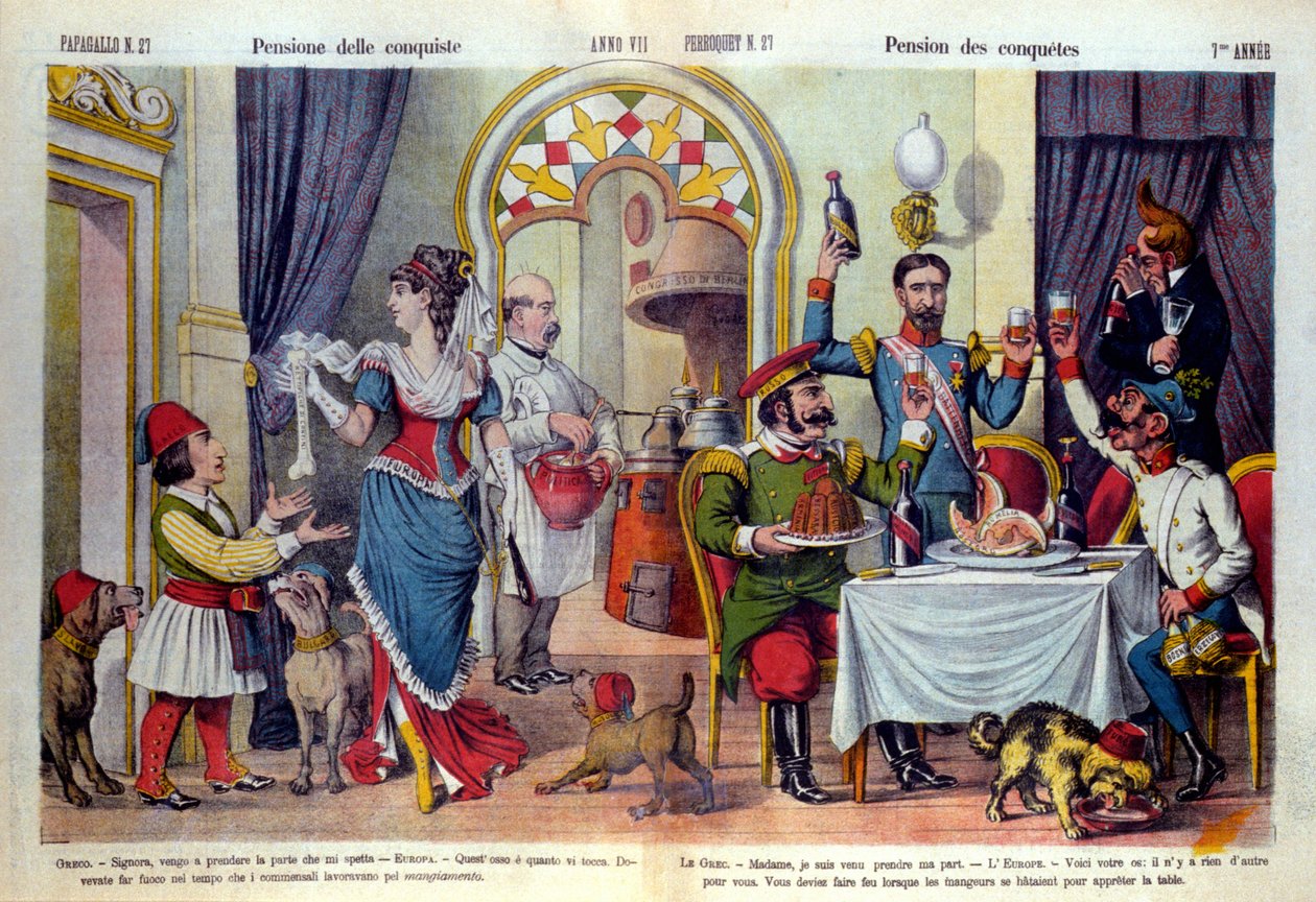 Italialaisen sanomalehden "" Le Parroquet"" (il Pappagallo) sarjakuva Berliinin kongressista (Congresso di Berlino) vuonna 1878 (diplomaattinen konferenssi). Berliinin kongressi pidettiin tarkastelemaan Venäjän epäoikeudenmukaisuutta Turkkia kohtaan: turkk tekijältä Unknown artist