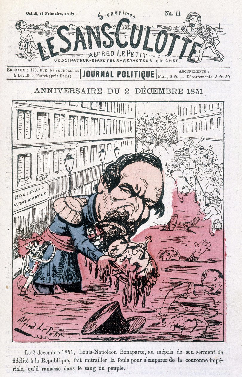 Sarjakuva Napoleon III:n vallankaappauksesta 2. joulukuuta 1851 - elokuvassa "Le sans-panlotte"" tekijältä Unknown artist
