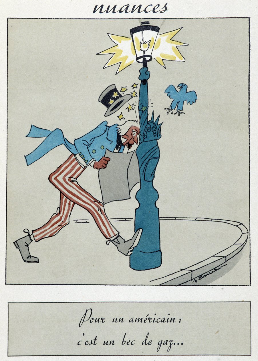 Sarjakuva, jossa esitetään Vapaudenpatsas kaasunokkalla, joka korvaa taskulamppua. tekijältä Unknown artist