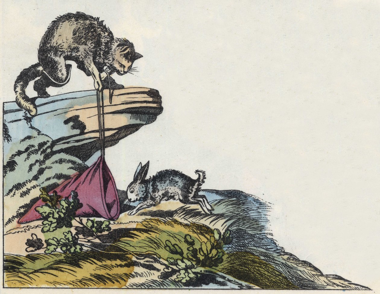 Kissa vangitsee kanin. Kuvitus Charles Perraultin tarinasta "Kissapullo". tekijältä Unknown artist