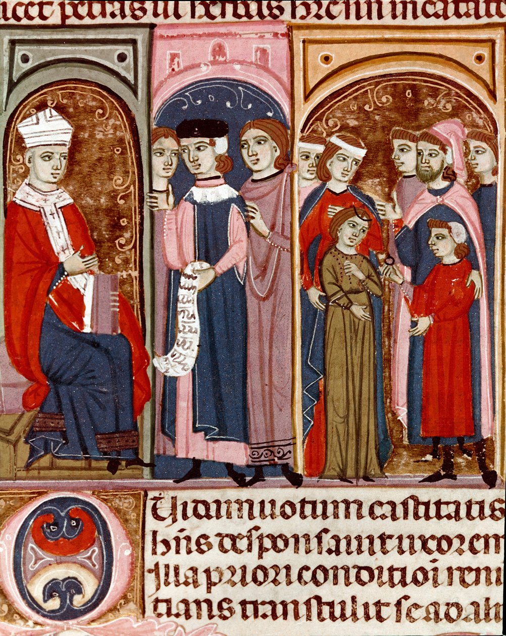 Pienoisavioliiton juhliminen Justinianuksen koodekista (Codex Justinianus), kokoelma lakeja ja instituutioita, jotka käsiteltiin uudelleen Bysantin keisarin Justinianus I:n (483-565) aikana. tekijältä Unknown artist