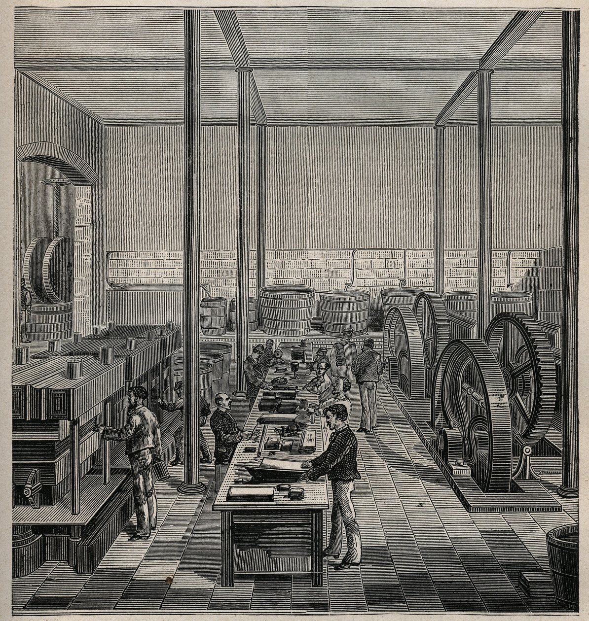 Selluloidi: selluloidien valmistus. Kaiverrus vuodelta 1885 kirjassa "Les arts et metiers illustres", kirjoittanut Adolphe BITARD. tekijältä Unknown artist