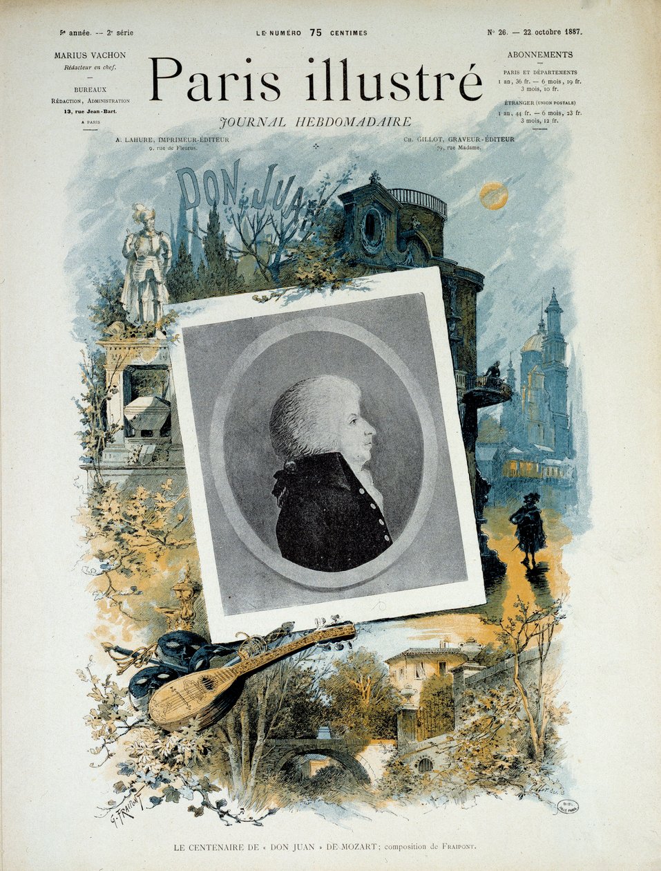 Mozartin Don Juanin (Don Giovanni) satavuotisjuhla vuonna 1787. Kuvitetun Pariisin ensimmäinen sivu, numero 22. lokakuuta 1887. Paris, Musee Carnavalet. tekijältä Unknown artist