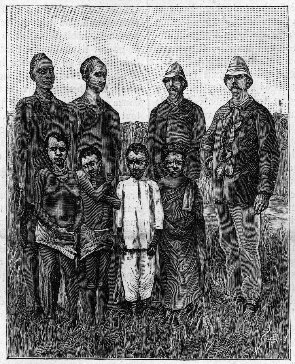 Keskiafrikkalaiseen Pygmeesiin on liittynyt englantilaisia ja sudanilaisia upseereita. (Valokuvasta). Kaiverrus "" La Nature: revue des sciences et de leurs applications aux arts et a l