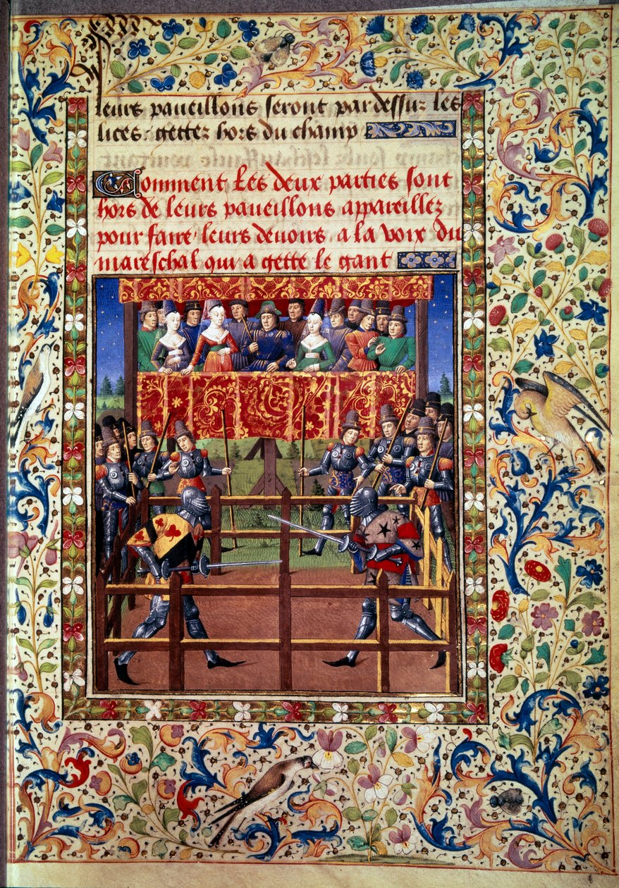 Seremoniat ja toimitukset taistelun panttina: kaksintaistelu suljetussa kentässä kahden ritarin välillä Miniatyyri Jean de Rolinin käsikirjoituksesta (1400-luku) 1460 Paris, B.N. tekijältä Unknown artist