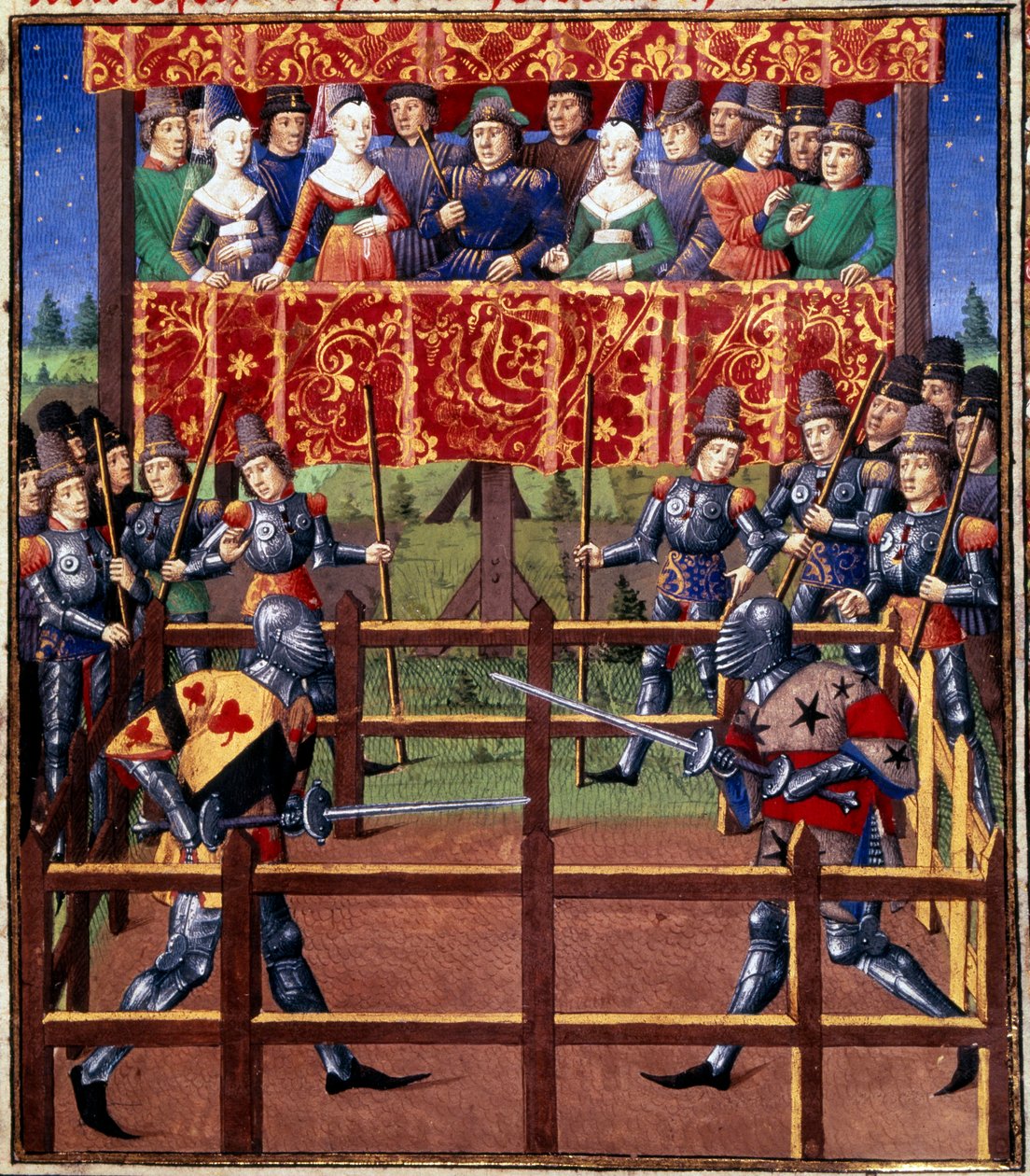 Seremoniat ja toimitukset taistelun panttina: kaksintaistelu suljetussa kentässä kahden ritarin välillä Miniatyyri Jean de Rolinin käsikirjoituksesta (1400-luku) 1460 Paris, B.N. tekijältä Unknown artist