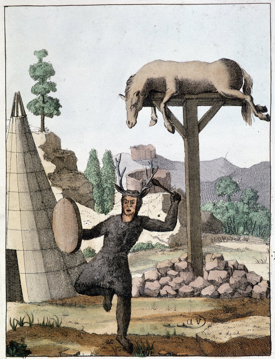 Chamanin kieli tanssii hautauksen edessä (Siperia) - kaiverrus, deb. 1800-luvulla tekijältä Unknown artist