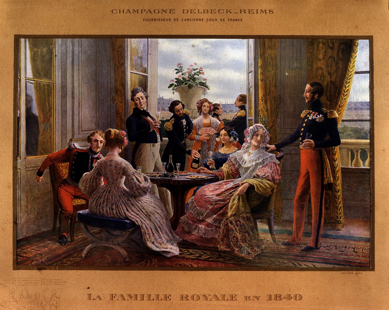 Samppanja tarjoiltuna kuninkaallisen pöydän ääressä 1840 - Delbeckin samppanjan mainosjuliste ""Entisen Ranskan hovin toimittaja"", 1800-luvun loppu tekijältä Unknown artist