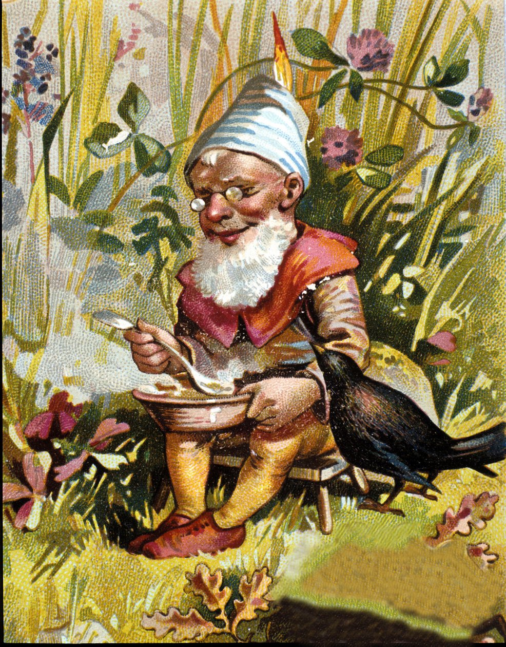 Kääpiön tai farfadetin hahmo syö keittoa. tekijältä Unknown artist